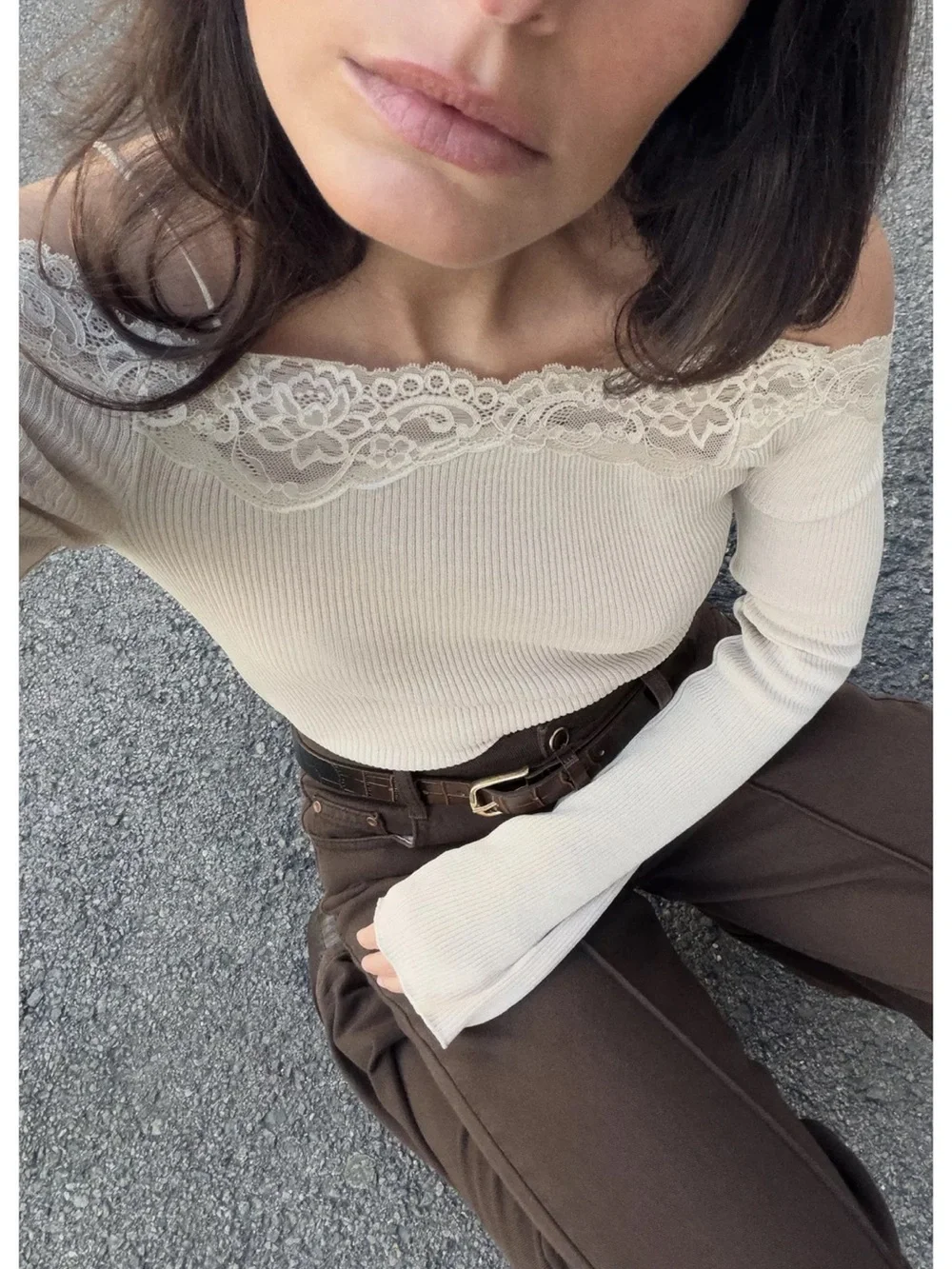 Zara NWT Off-Shoulder Lace Trim Ribbed long sleeve stretchy rib top- Cream beige
